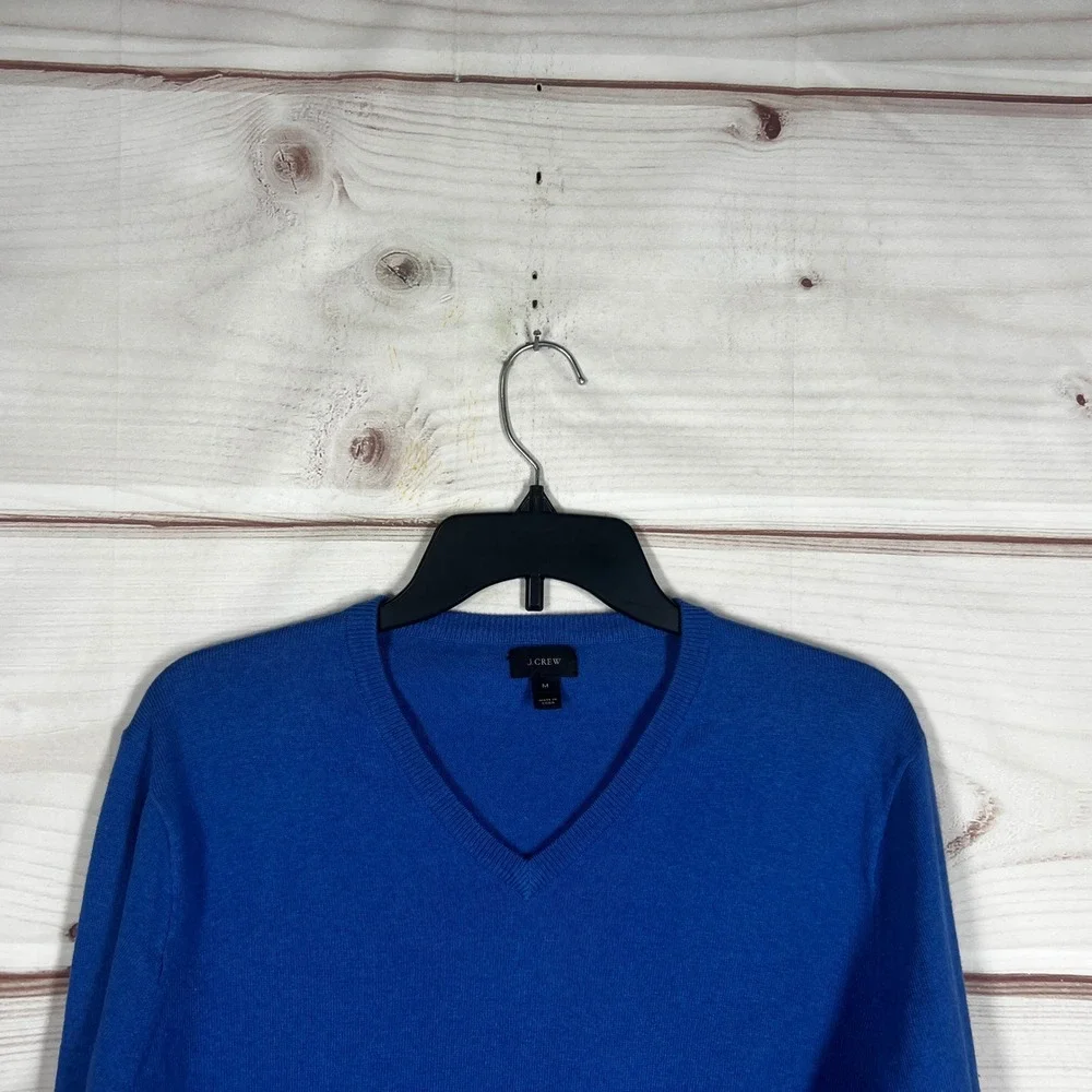 J.Crew V-Neck Sweater Mens Medium Blue Solid Cotton Cashmere Blend Pullover Knit